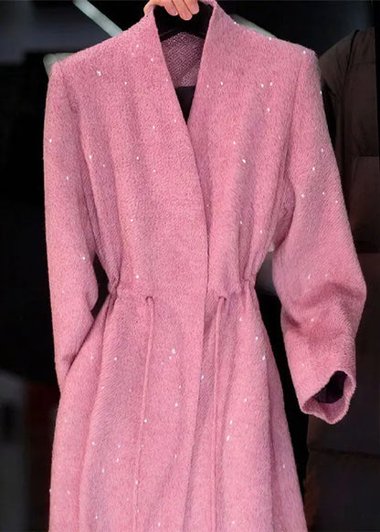 Pink V Neck Sequins Drawstring Coat Fall