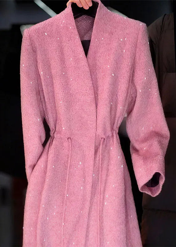 Pink V Neck Sequins Drawstring Coat Fall