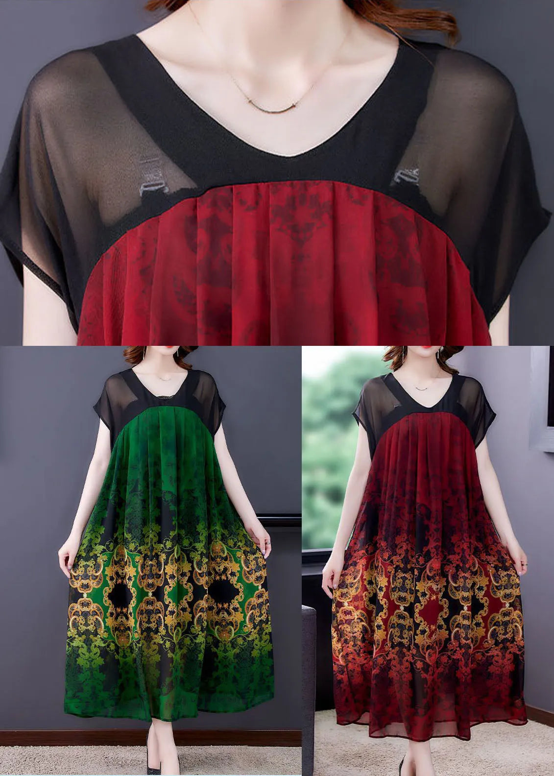 Green V Neck Patchwork Print Chiffon Dresses Short Sleeve