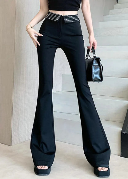 Stylish Black High Waist Zircon Flared Trousers
