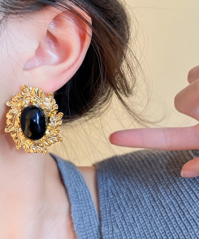 Black Copper Zircon Pearl Stud Earrings