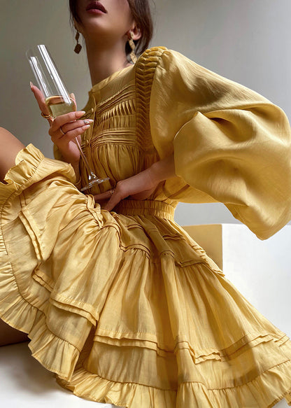 Yellow Wrinkled Cotton Two Pieces Set Lantern Sleeve
