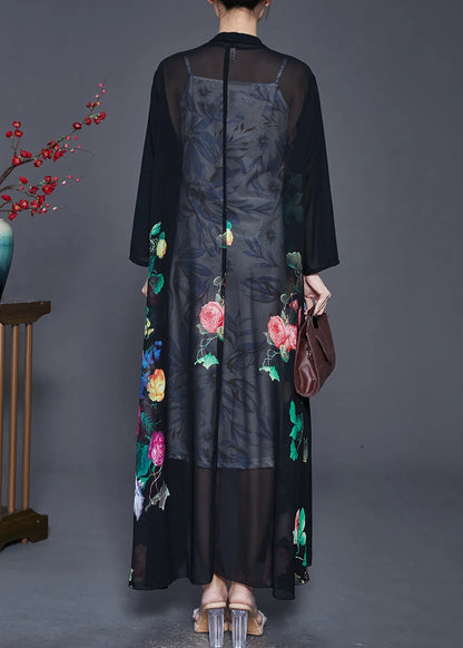 Fine Black Oversized Print Chiffon Upf 50+ Coat Cardigan Spring