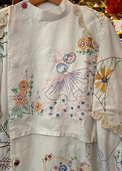 Handmade White Embroideried Patchwork Cotton Blouse Tops Fall