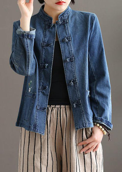 Blue Stand Collar Patchwork Button Pockets Cotton Denim Coat Long Sleeve