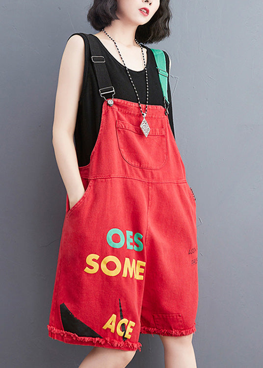 Red Slash Neck Graphic Print Patchwork Button Denim Jumpsuit Summer