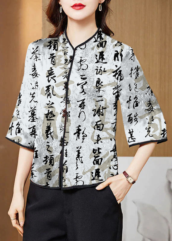 White Geometry Mandarin Collar Print Silk Shirt Tops Half Sleeve