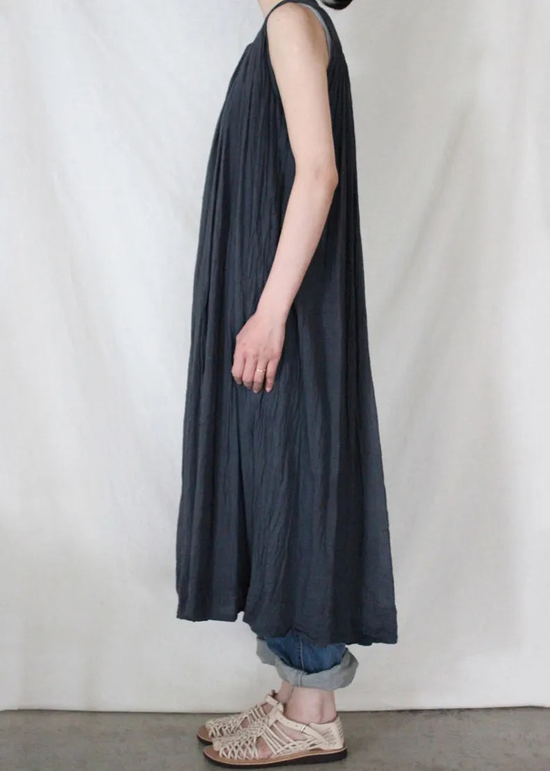Loose Dark Blue O-neck Wrinkled Button Maxi Shirt Dresses Sleeveless