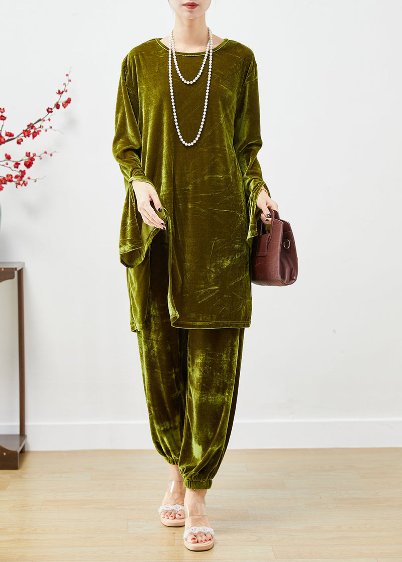 Dull Green Oversized Side Open Silk Velour Two Pieces Set Fall