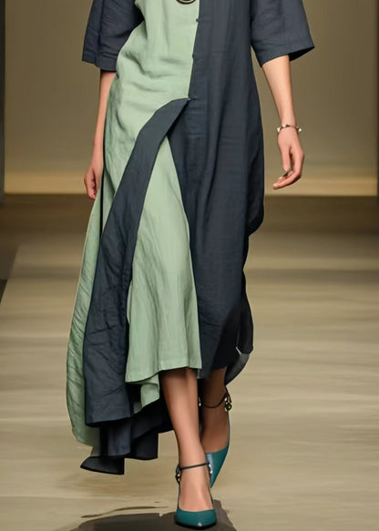 Black Asymmetrical Patchwork Cotton Ankle Dress Summer