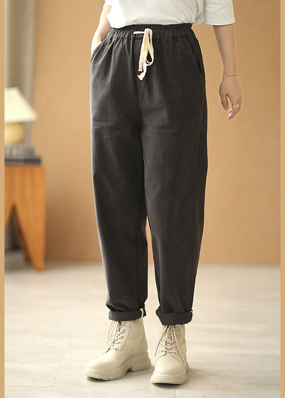 Grey Tie Waist Pockets Straight Fall Pants