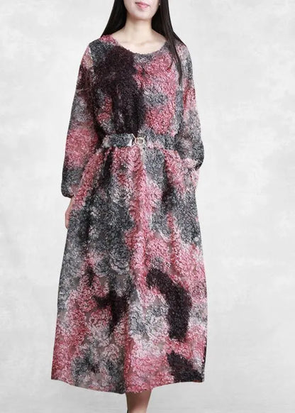 Loose Purple Print Clothes O Neck Tie Waist Art Spring Dress