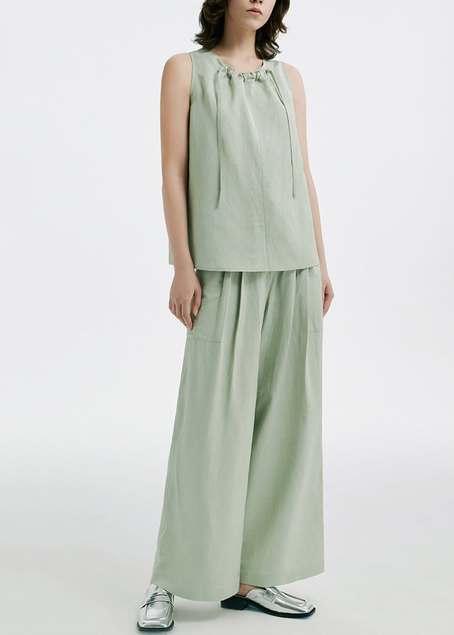 Natural Light Green O-neck Drawstring Silk T Shirts and Wide Leg Pants Two Pieces Set Summer