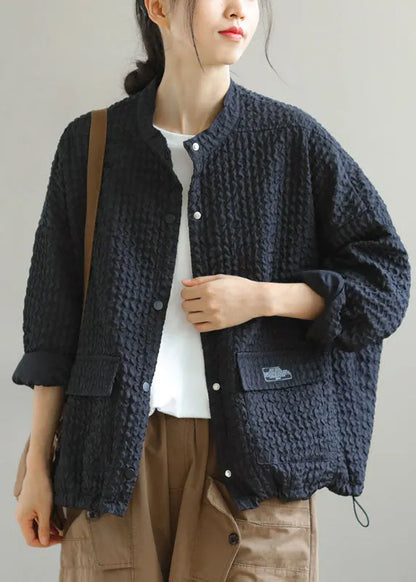 Boutique Black Stand Collar Pockets Button Drawstring Fall Coats Long Sleeve