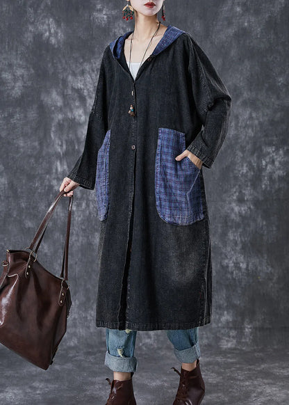 Black Hooded Patchwork Big Pockets Denim Coats Fall