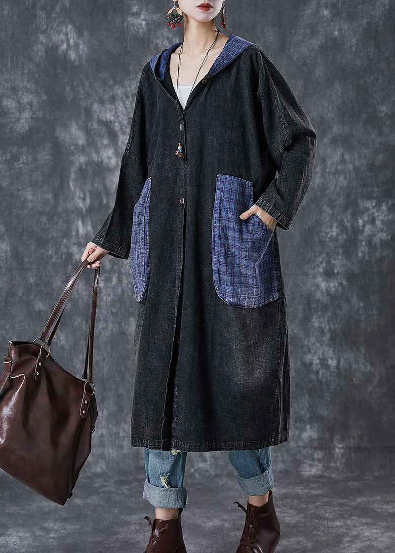 Black Hooded Patchwork Big Pockets Denim Coats Fall