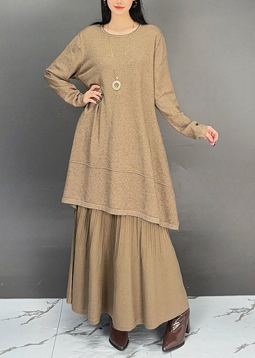 Khaki O Neck Cotton Two Pieces Set Fall