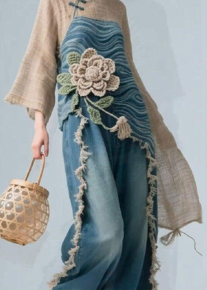 Colorblock Stand Collar Linen Patchwork Blouse Fall