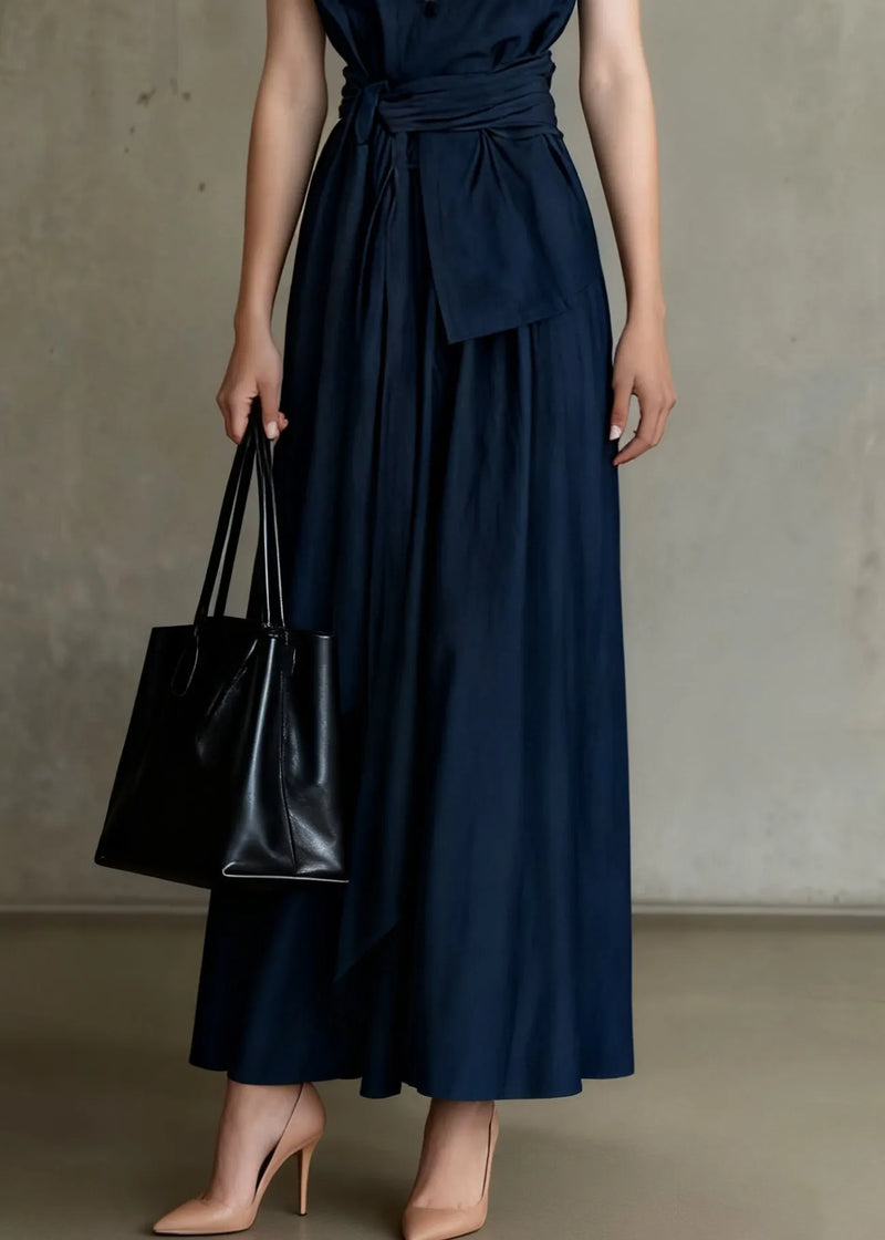 Slim Fit Navy Tie Waist Tops and Skirts Denim Two Piece Set Sleeveless