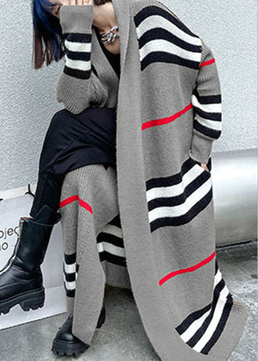 Art Grey Striped Cozy Fall Knit Cardigans