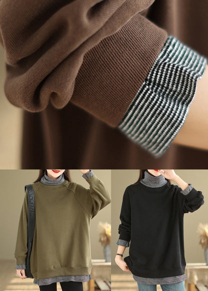Green Hign Neck Patchwork Warm Fleece Pullover Winter