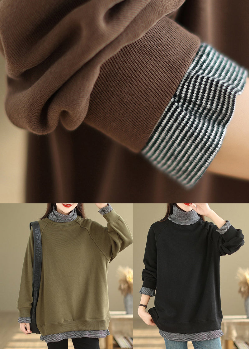 Green Hign Neck Patchwork Warm Fleece Pullover Winter