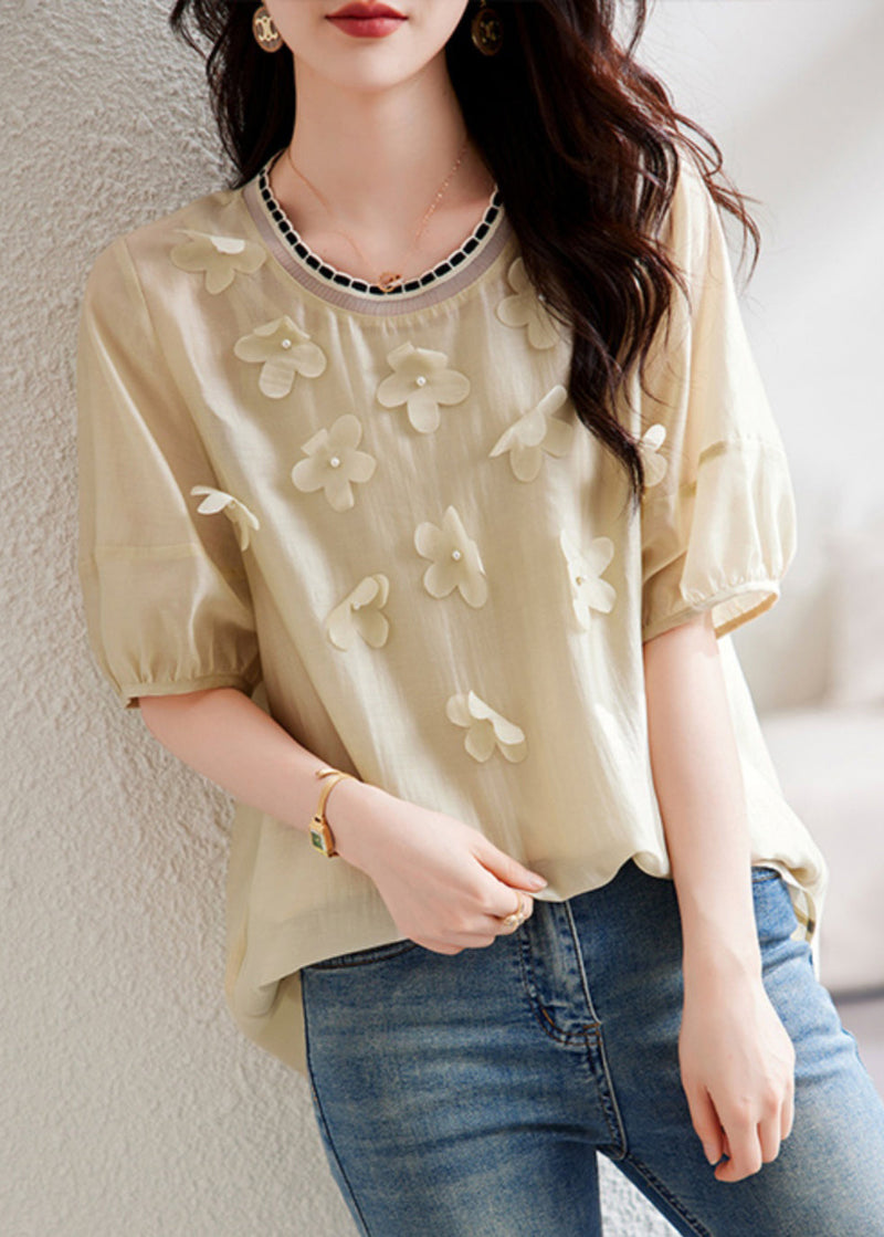 Khaki Patchwork Chiffon Summer Shirts O-neck