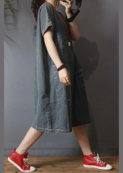 Italian Denim Hole Cotton Asymmetrical Design Summer Long Dress