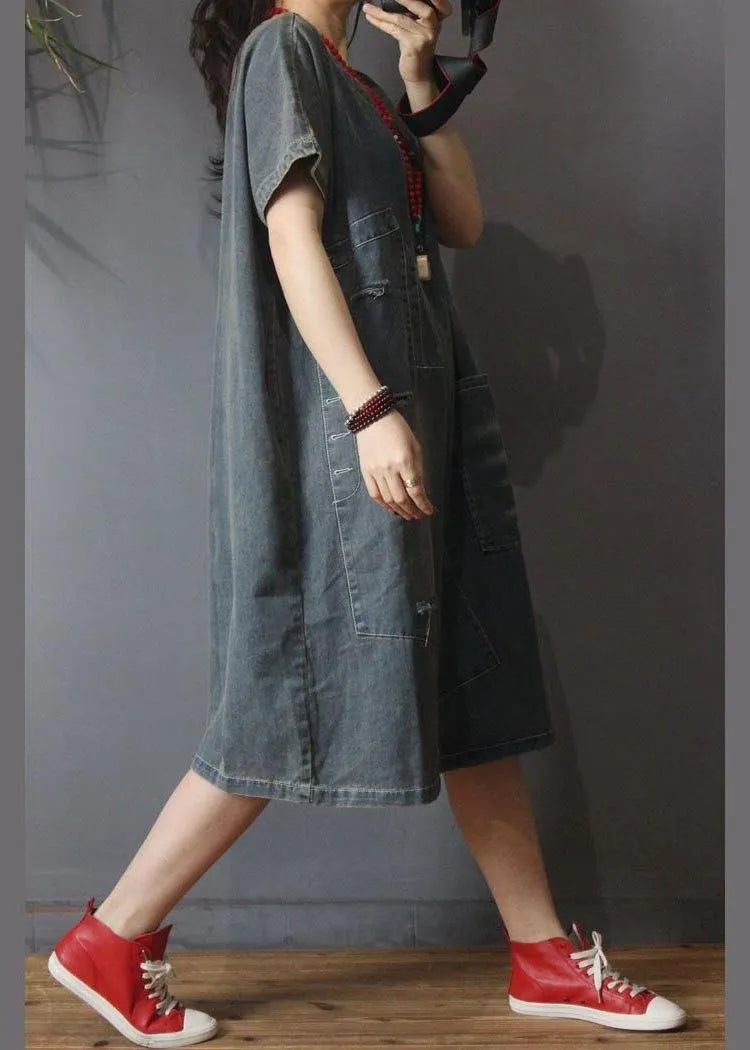 Italian Denim Hole Cotton Asymmetrical Design Summer Long Dress