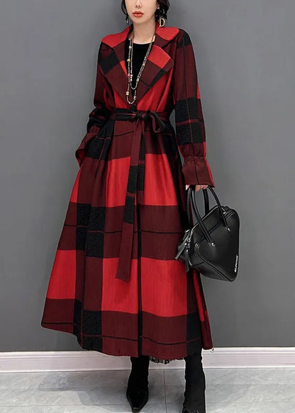 Red Notched Plaid Tie Waist Long Coats Fall