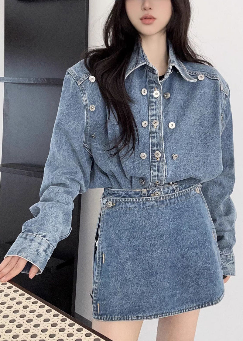 French Blue Peter Pan Collar Button Denim Two-piece Set Fall