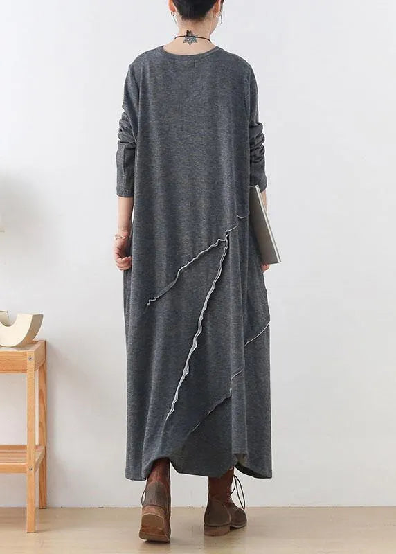 Handmade Grey Loose Asymmetrical Design Fall Long Sleeve Holiday Dress