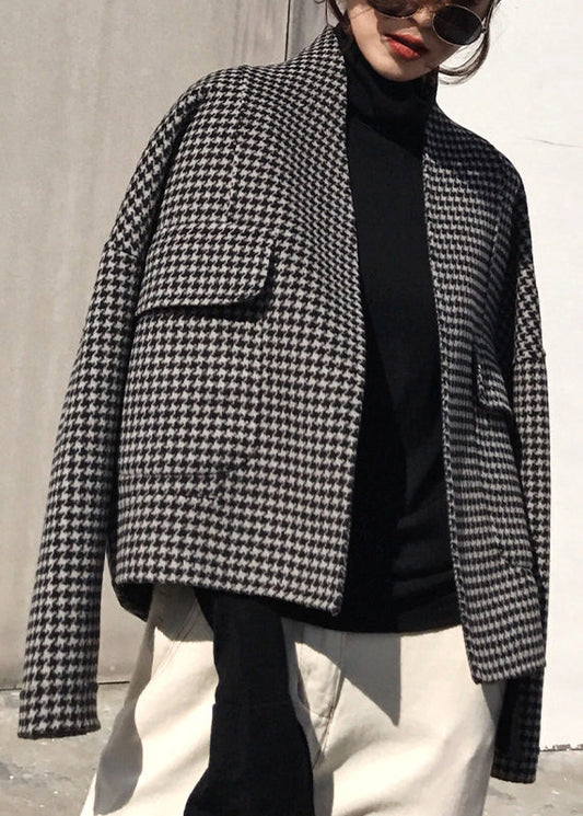 Vogue Black Notched Plaid Pockets Cashmere Coat Long Sleeve Fall
