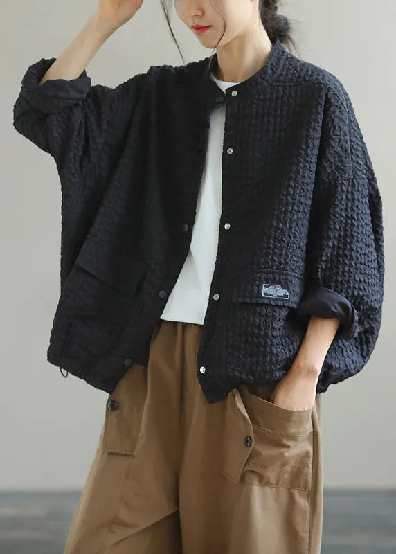 Boutique Black Stand Collar Pockets Button Drawstring Fall Coats Long Sleeve