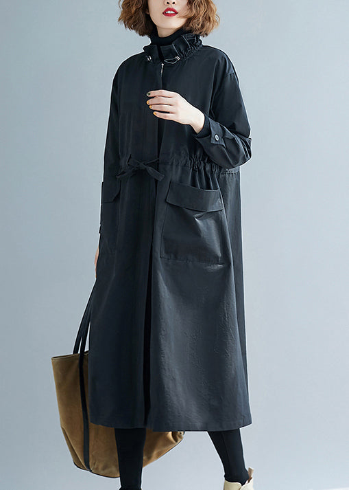 Black Ruffled Pockets Patchwork Cotton Trench Coats Fall