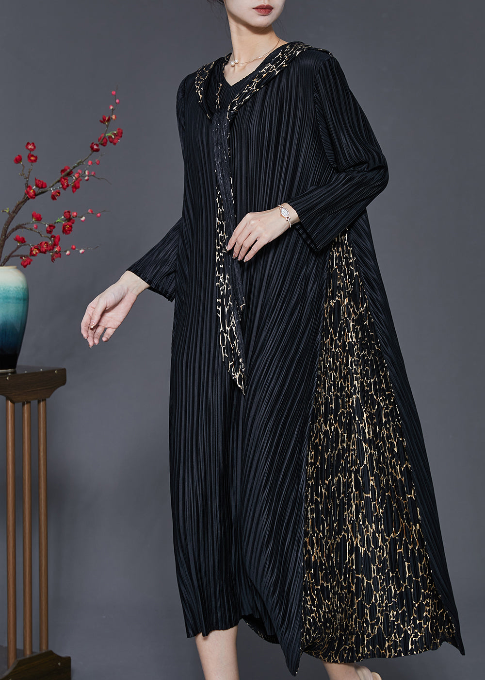 Black Hooded Patchwork Wrinkled Maxi Dresses Spring