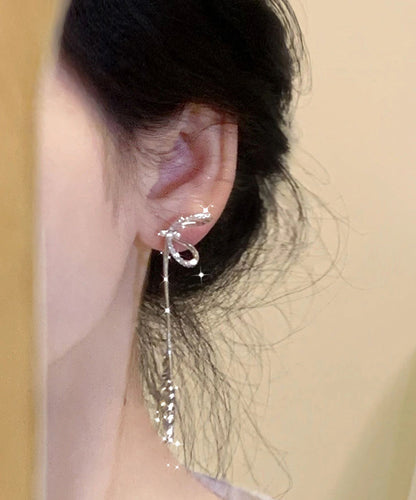 Stylish Sterling Silver Bow Tassel Drop Earrings