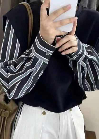 New Grey Fake Two Piece Spliced Stripe Top Autumn