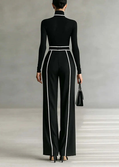 Italian Black Hign Neck Top and Pants Cotton Sets 2 Pieces Spring