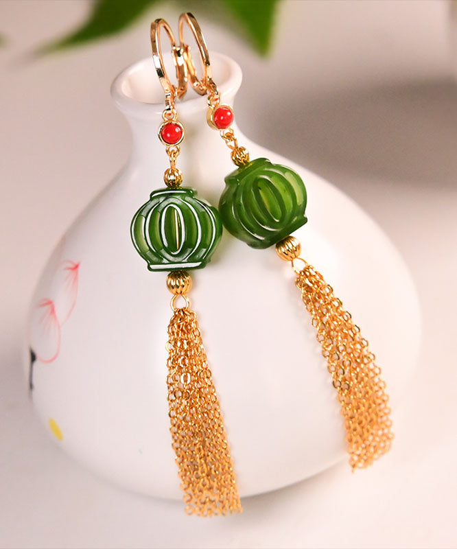 Classy Green 14k Gold Jade Tassel Drop Earrings