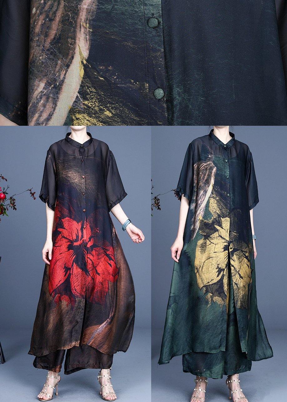 Summer Large Red Print Coat + Wide Leg Pants Two Piece Set