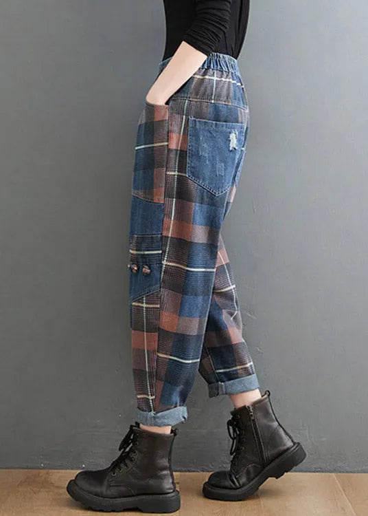 Style Blue Plaid Pockets Elastic Waist Patchwork Denim Pants Spring