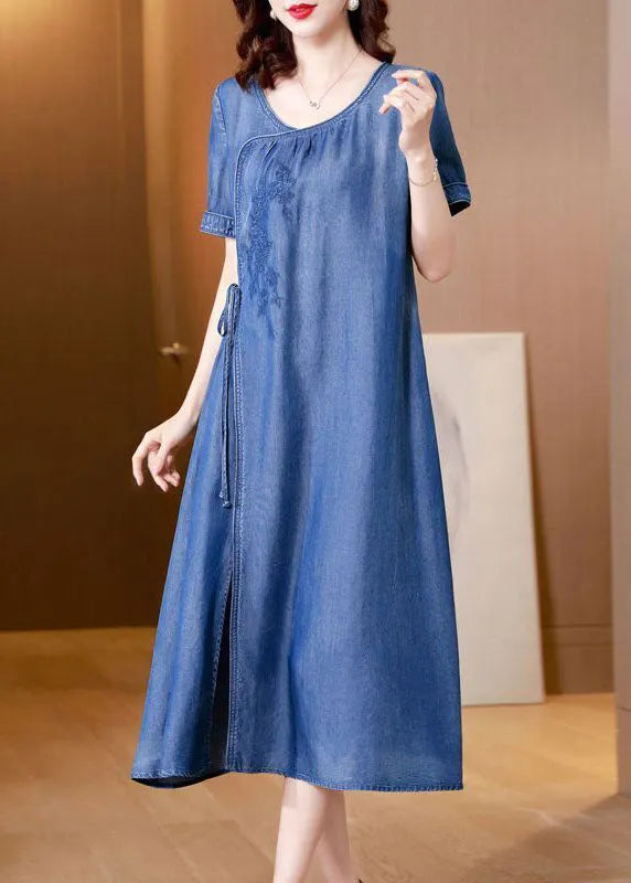 Blue Embroideried Side Open Denim Dress Summer
