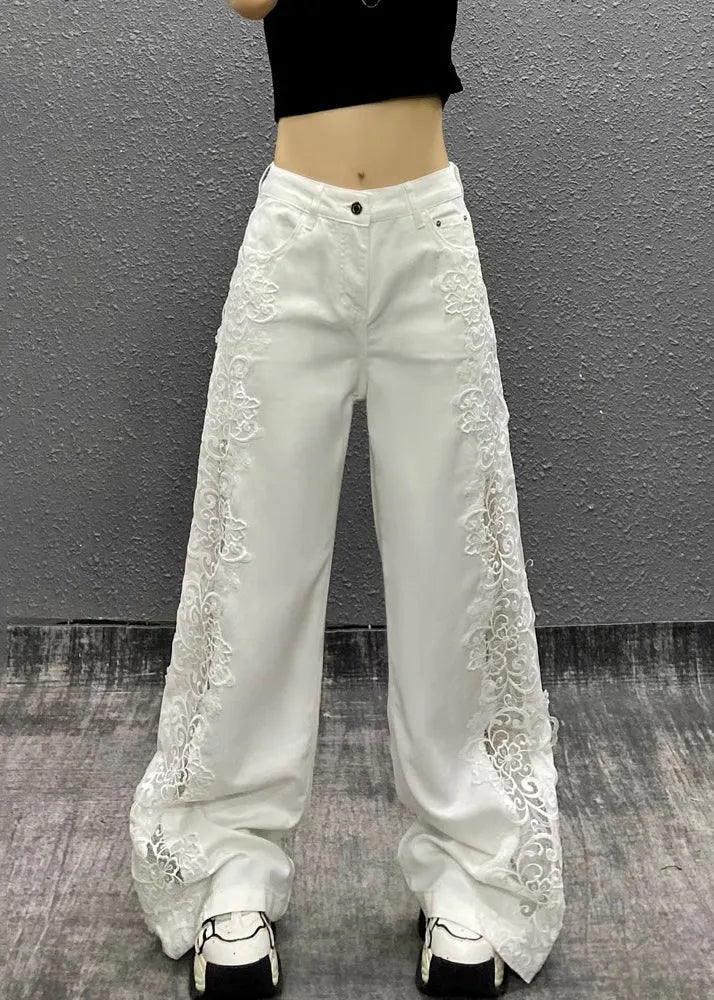Style White Hollow Out Lace Patchwork Denim Straight Pants Fall