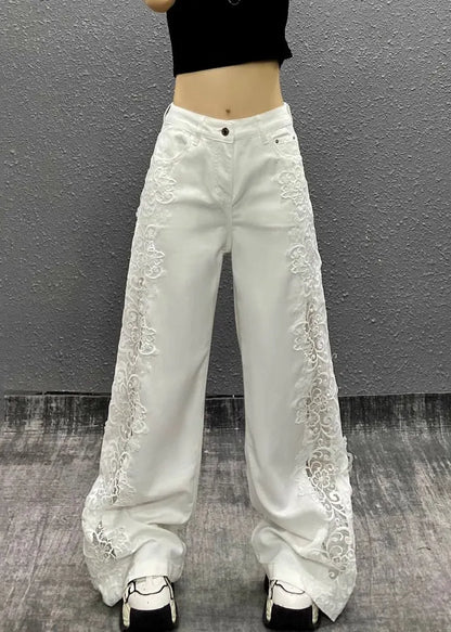 Style White Hollow Out Lace Patchwork Denim Straight Pants Fall