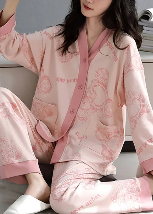 Pink Print Pockets Cotton Pajamas Two-piece Set V Neck Fall