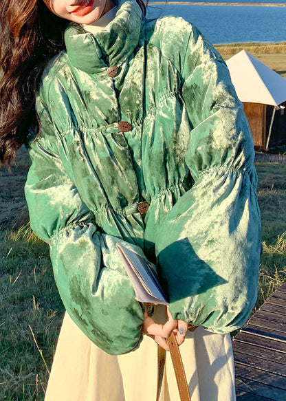 Green Stand Collar Velvet Duck Down Puffers Jackets Winter