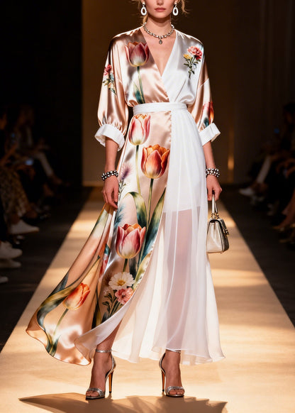 Colorblock V Neck Print Chiffon Dress Summer