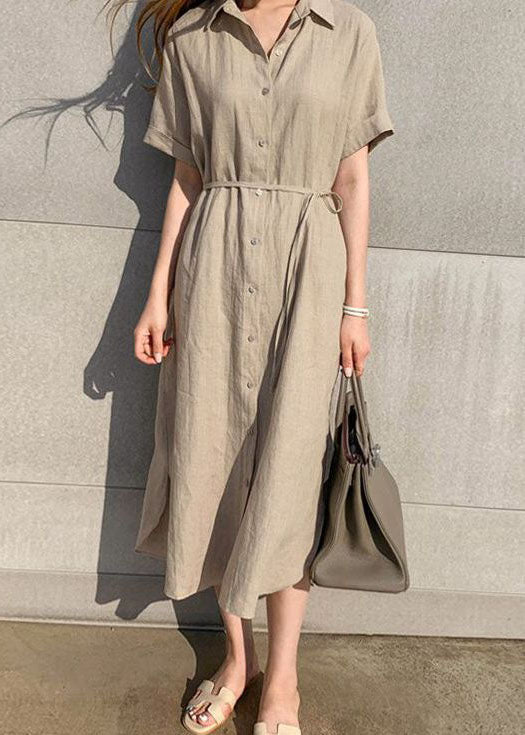 Khaki Peter Pan Collar Cinched Shirts Dress Short Sleeve