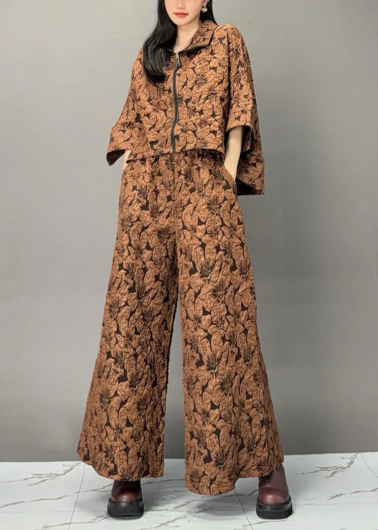 Chocolate Print Zippered Top and Wide Leg Pants Two Piece Set Fall